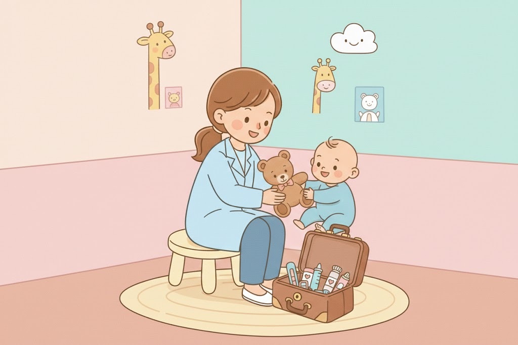 Pastelová ilustrace dítěte s medvídkem a stetoskopem